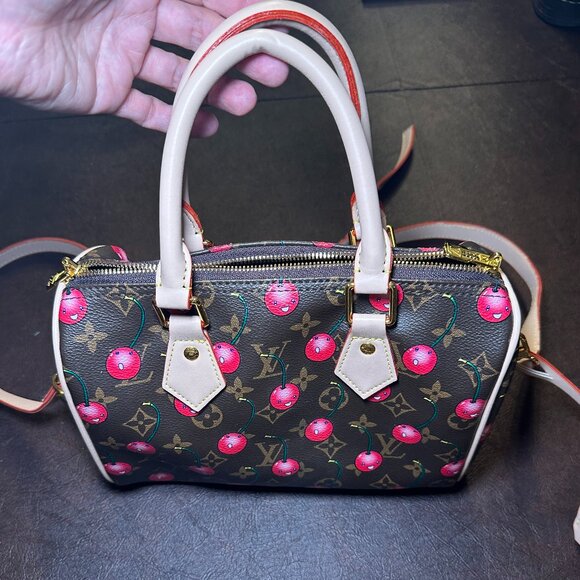 Designer inspired Satchel and Wallet in Monogram Cherry Print Brown, Red, Pink - Picture 5 of 16